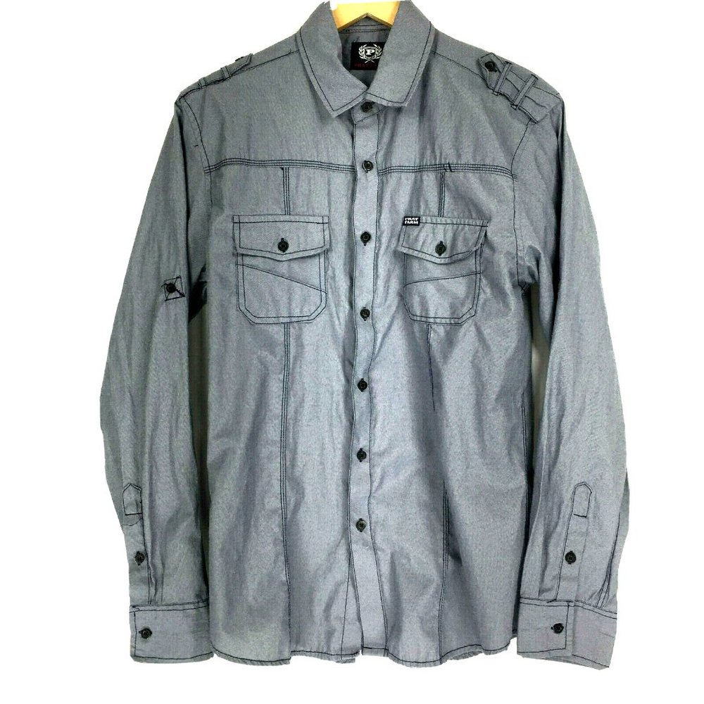 Phat Farm M Medium Shirt Button Down Front Blue Gray Long Roll Tab Sleeve Cotton
